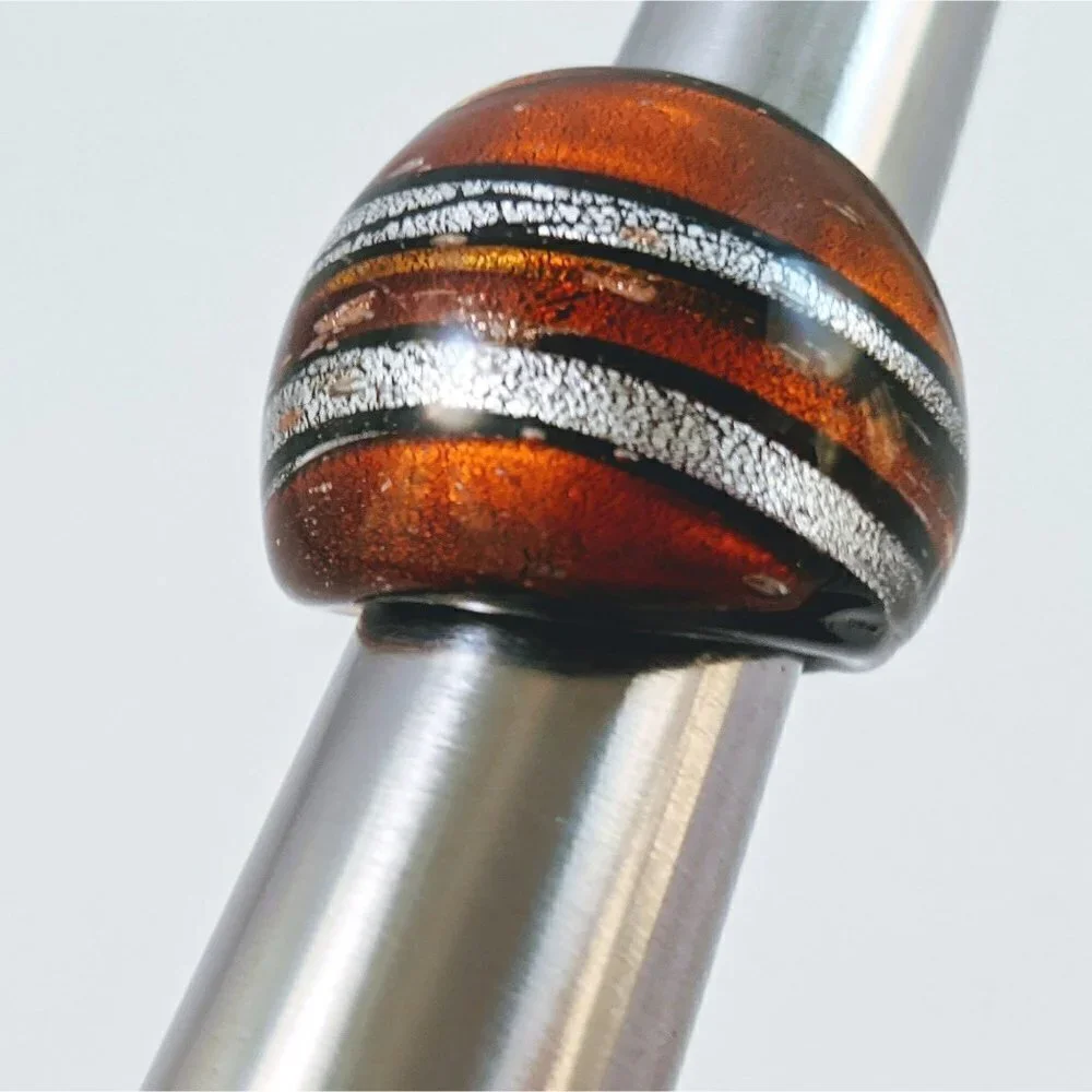 Vintage Brown Silver & Black Stripes Art Glass Domed Shimmery Wide Chunky Ring